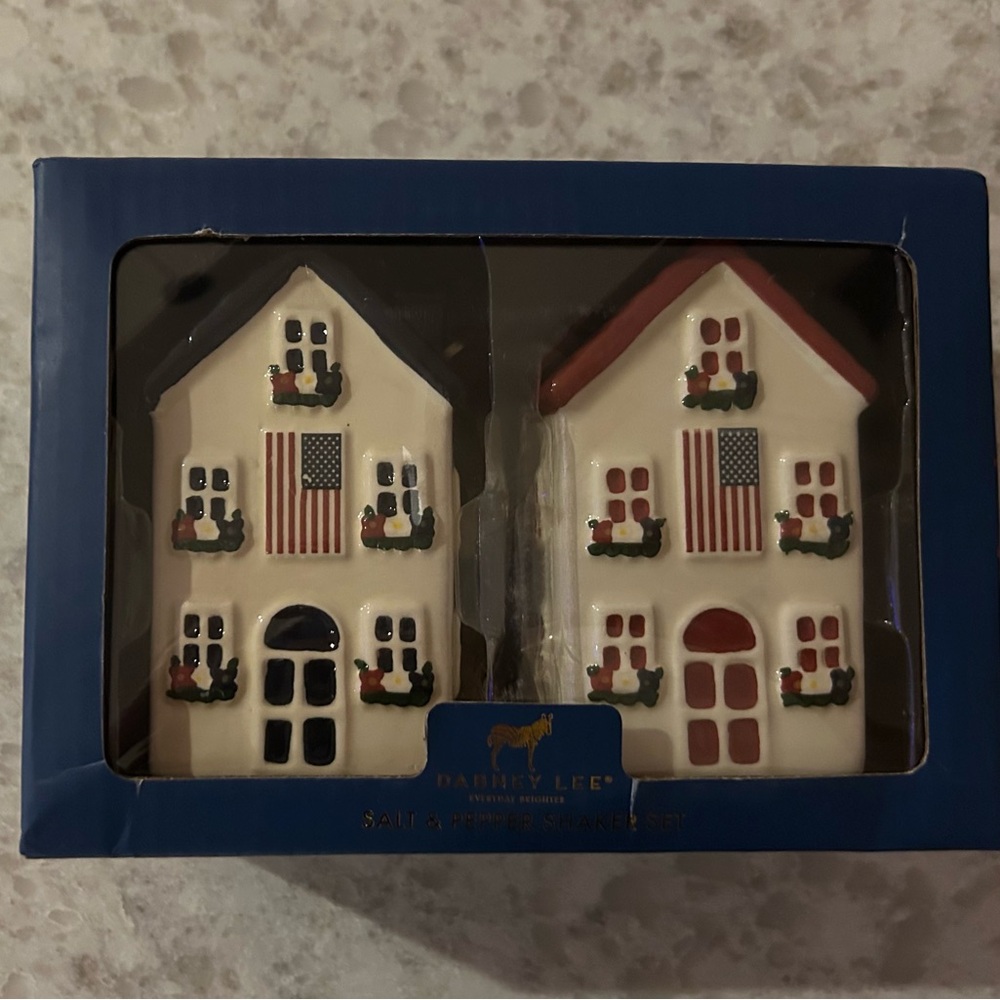 “New” Dabney Lee Ceramic House Salt & Pepper Set in Red, White & Blue